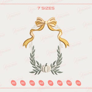 Coquette Fall Pumpkin Frame Embroidery Design, Bow Wreath Machine Embroidery File, Autumn Monogram Digital Download, Autumn Embroidery File