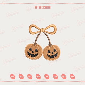 Puede incluir: Un diseño de bordado con temática de Halloween que presenta dos calabazas sonrientes conectadas por un lazo. Las calabazas son naranjas con caras negras. El diseño es digital, con el texto "8 SIZES" en la parte superior.