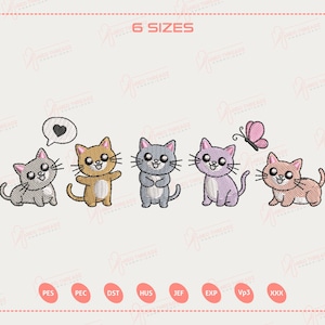 Pode incluir: Um design de bordado com seis gatos de desenho animado em várias cores, incluindo cinza, castanho e lavanda. Um gato tem um balão de fala com um coração. Uma borboleta rosa também está incluída. O texto "6 SIZES" está no topo.