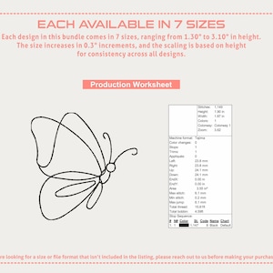 May include: A black line art butterfly design is featured on a light background. The image includes text stating the design is available in 7 sizes, ranging from 1.30" to 3.10" in height. Additional details are provided in a production worksheet.
