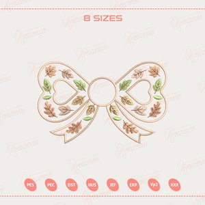 May include: A beige bow design with embroidered leaves in shades of green, brown, and gold. The bow has a circular center and heart-shaped cutouts. The text "8 SIZES" is at the top.