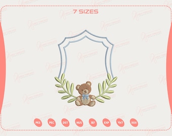 Bear Wreath Crest Embroidery Design, Baby Frame With Teddy Bear And Leaves, Newborn Crest Embroidery File, 7 Sizes, Instant Download