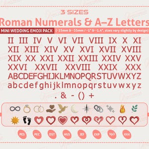 May include: A graphic featuring Roman numerals, the alphabet, and wedding-themed emojis. The text includes "3 SIZES" and "MINI WEDDING EMOJI PACK." The design is in shades of red and pink, with various symbols and characters.