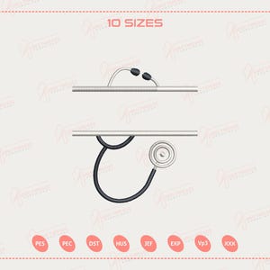May include: An illustration of a stethoscope design with the text "10 SIZES" at the top. The stethoscope is black and white, with a silver horizontal bar. The background is light beige with a pink border.