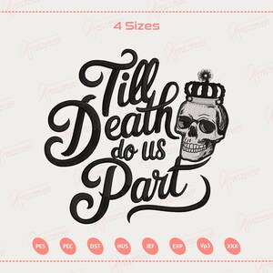 Op de afbeelding: Zwart-witte afbeelding met de tekst "Till Death do us Part" in een decoratief lettertype. Een schedel met een kroon staat rechts van de tekst. De afbeelding heeft een lichte achtergrond met roze randen.