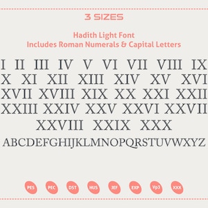 Może przedstawiać: Grafika cyfrowa prezentująca czcionkę Hadith Light, zawierającą cyfry rzymskie i wielkie litery. Tekst jest w kolorze ciemnoszarym na jasnoszarym tle, z koralową obwódką. Obraz zawiera również tekst "3 Sizes".