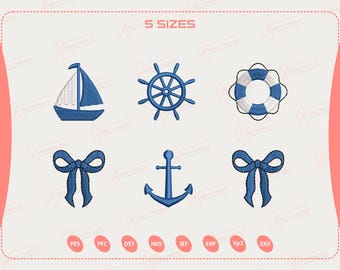 Nautical Beach Elements Embroidery Design, Boat, Anchor, Helm, Coastal Ocean Summer Machine Embroidery Pattern, Instant Download