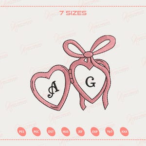May include: Pink heart-shaped locket with the letters "A" and "G" embroidered on it. The locket is adorned with a bow and ribbons. The image also displays the text "7 SIZES" at the top and embroidery file formats at the bottom.