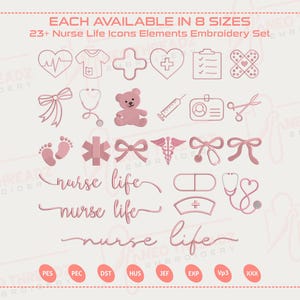 Puede incluir: Un conjunto de diseños de bordado en rosa con iconos médicos, incluyendo un monitor cardíaco, un uniforme, una cruz, un corazón con un signo más, un bloc de notas, una venda, un lazo, un estetoscopio, un oso de peluche, una jeringa, una tarjeta de identificación y las palabras "nurse life".