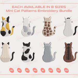 Puede incluir: Un paquete de bordado con ocho patrones de mini gatos en varios colores y diseños. Los gatos se muestran sentados, con detalles como manchas, rayas y diferentes formas de cola. El texto en la parte superior dice "EACH AVAILABLE IN 8 SIZES Mini Cat Patterns Embroidery Bundle."