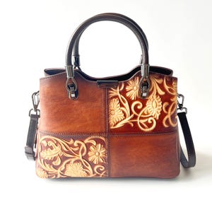 Bolso bandolera de piel auténtica para mujer, estilo vintage, con diseño de patchwork en relieve, tipo bandolera, con asa superior, estilo retro, ideal como regalo.