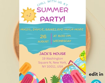 May include: Summer party invitation with a smiling sun graphic and text that reads "Chill with us at Summer Party!" Includes date, time, and location details. Features illustrations of popsicles, watermelon, and a pineapple.