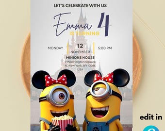 Minion Birthday Invitation / Editable Minions Invite for Kids / Digital Card Download / Cartoon Birthday Party Template