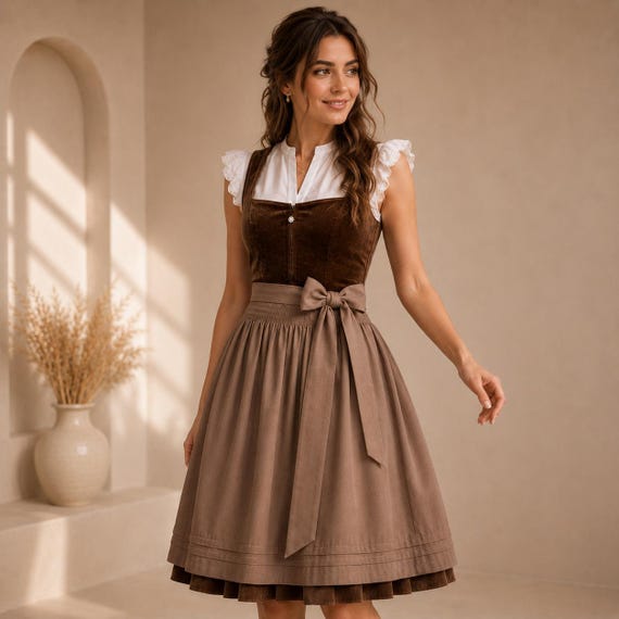 Velvet Dirndl Dress Women | Oktoberfest Outfit | Brown Bavarian Trachten Costume | Midi Skirt | Lace Blouse