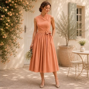 Terracotta Sleeveless Midi Dress | Vintage Summer Sundress | Modest Wedding Guest Dress | Boho Cottagecore Bridesmaid Dress