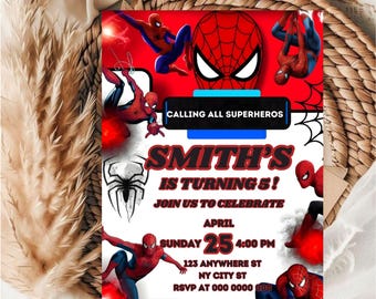 May include: A red and blue Spider-Man themed birthday party invitation. The invitation features multiple images of Spider-Man, the text "CALLING ALL SUPERHEROS", and details for the party, including the date, time, and location.