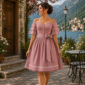 May include: A dusty rose off-the-shoulder dress featuring tiered ruffled sleeves, a sweetheart neckline, and a front button placket. The bodice is fitted with a defined waist, a tied fabric belt, and a knee-length skirt with white lace trim.