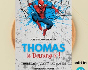 May include: A Spiderman-themed invitation template with the text "EDITABLE TEMPLATE". The invitation features a graphic of Spiderman, a blue and white background, and the text "THOMAS is turning 8!" with event details.