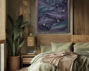 Celestial Night Sky 100% Cotton Woven Blanket, Moon And Stars Woven Throw, Astrology Gift Woven Tapestry, Spiritual Decor Woven Blanket.