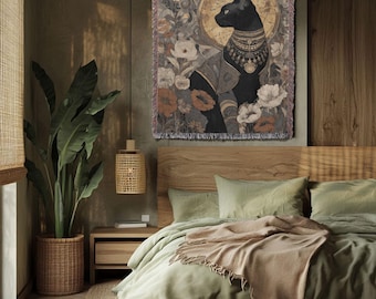 Couverture tissée 100 % coton mystique chat noir, jeté de sorcière gothique, tapisserie d'art mural floral céleste, cadeau pour amoureux des chats, milieu universitaire sombre