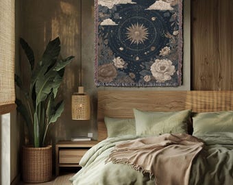 Celestial Witchy 100% Cotton Woven Blanket, Astrology Lover Gift Throw Blanket, Floral Sun Star Tapestry, Vintage Botanical Decor, Spiritual