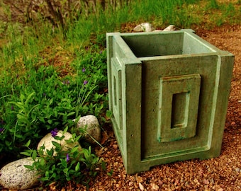 Concrete Planter, Entitled "Foursquare Squared", Green Stained, Modern, Rectilinear.Sculptural Concrete Flowerpot