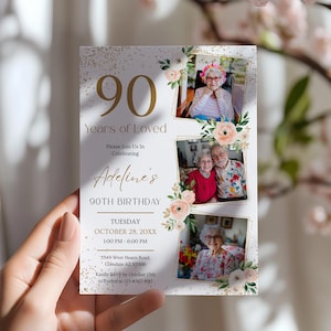 90 Years Loved, 90th Birthday Invitation with Photo, Floral 90th Birthday Party Celebration for Women, Canva Photo Frame Invitation CB072