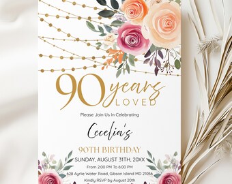 90 Years Loved, 90th Birthday Invitation for Women, 90th Birthday Party Invitation, 90 Birthday Celebration, Pink and Gold Glitters CB054