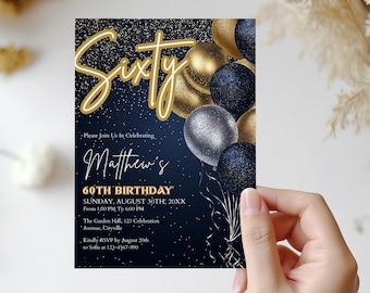 60th Birthday Invitation for Men, Navy Blue and Gold Balloons Invitation Party for Man, Digital 60th Birthday Celebration Invitation CB066