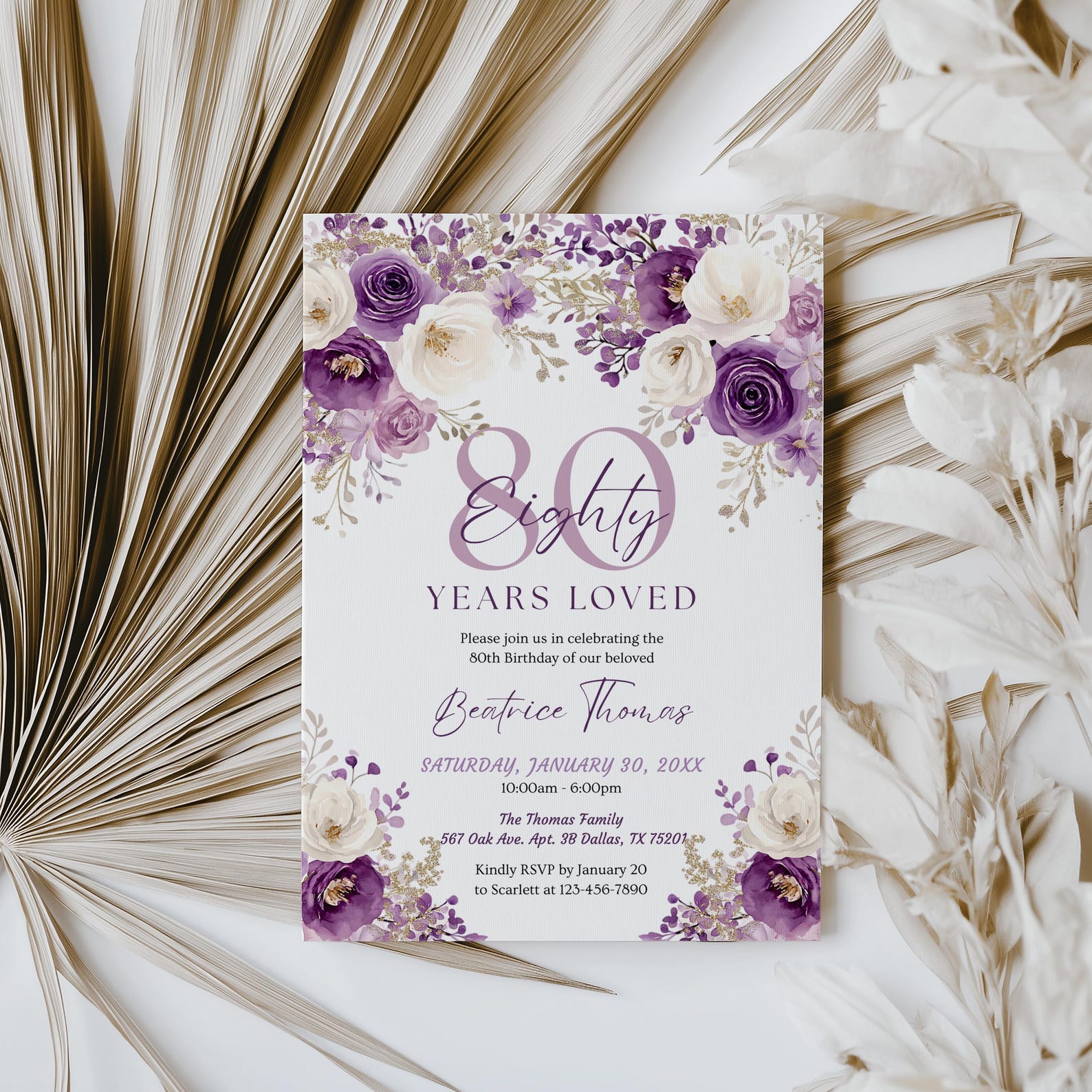 80 Years Loved Invite, Floral 80th Birthday Invitation for Woman ...