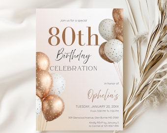 May include: An invitation for an 80th birthday celebration. The design features gold and white balloons, with the text "80th Birthday Celebration" in elegant script. The invitation includes the honoree's name, date, time, and location.