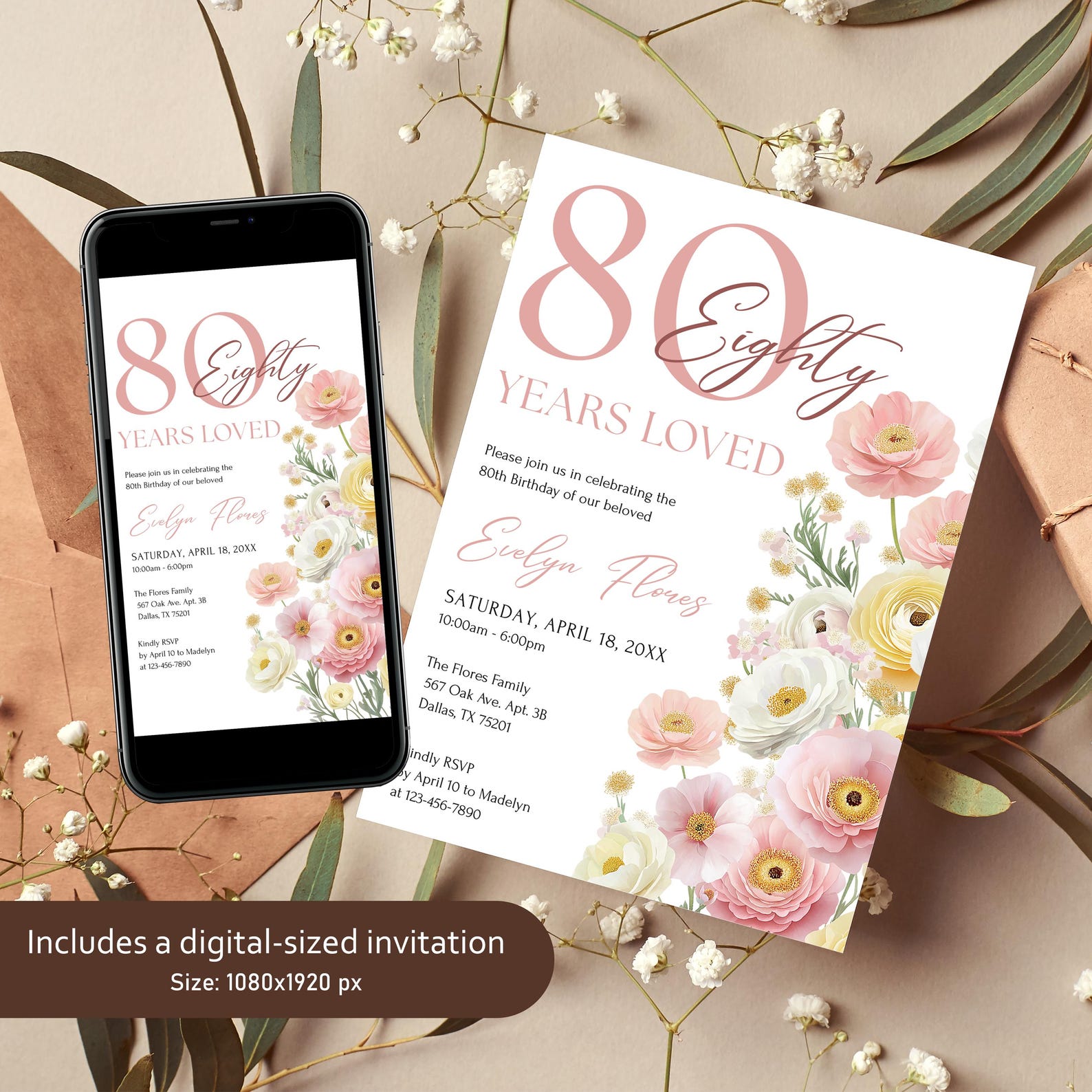 Pink 80 Years Loved, 80th Birthday Invitation for Woman, Editable ...