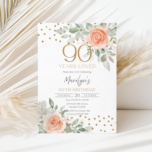 Foral 90 Years Loved, 90th Birthday Invitation Template, 90th Birthday Party Invitation for Women, 90 Birthday Celebration,  Canva CB027