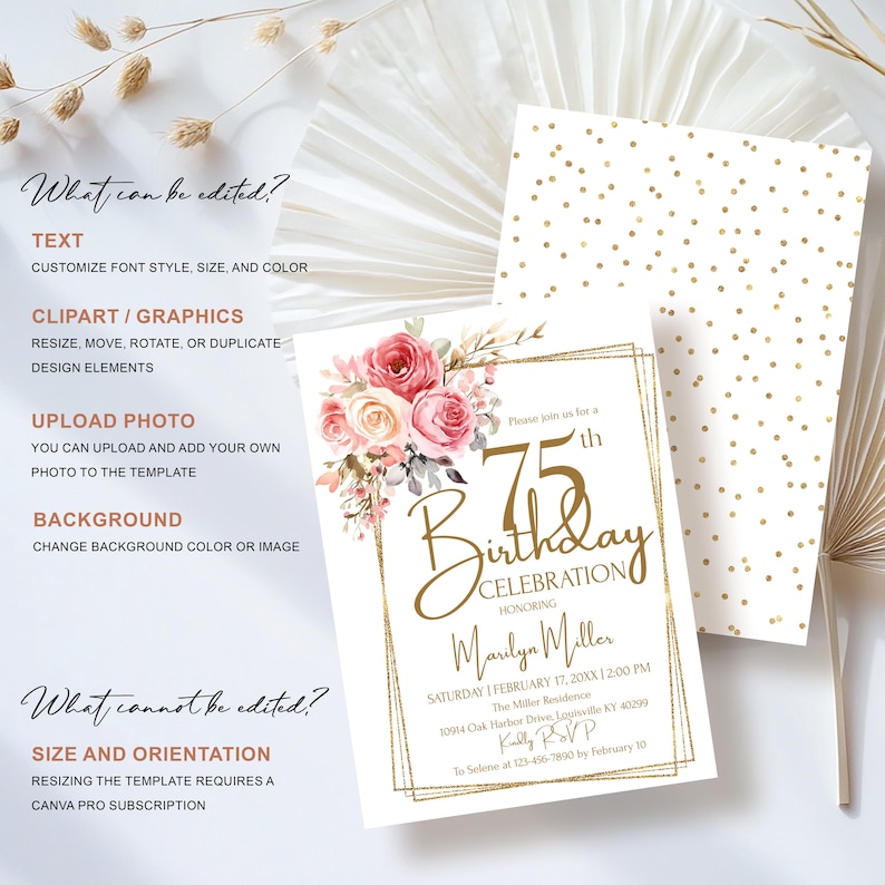 Floral 75th Birthday Invitation for Women, Elegant Party Invitations ...