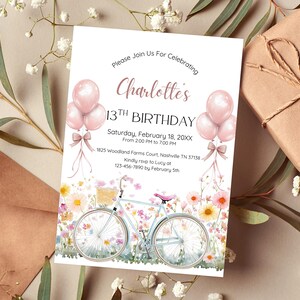 13th Birthday Invitation, Balloons 13th Birthday Party Invitation, Watercolor Bike Birthday Invitation, Wildflower and Bicycle Invite CB008