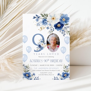 May include: A personalized invitation for Agatha's 90th birthday, featuring a photo of an elderly woman. The design includes blue floral accents, balloons, and the text "90 Years Loved." Details include the date, time, and location.