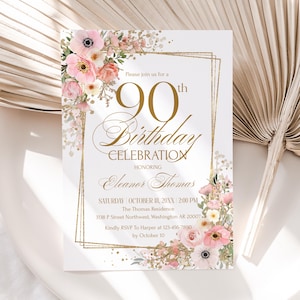 May include: A white invitation card with gold text and a floral design for a 90th birthday celebration. The card includes the text "Please join us for a 90th Birthday Celebration" and event details. Floral accents in pink and white surround the text.