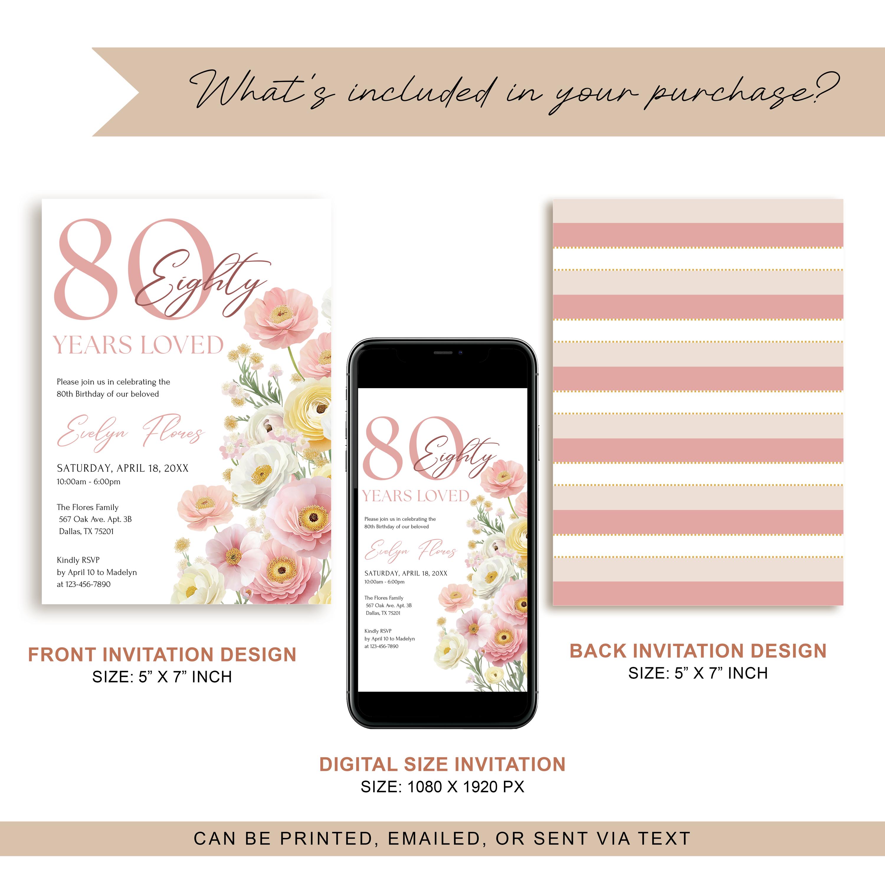 Pink 80 Years Loved, 80th Birthday Invitation for Woman, Editable ...