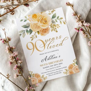 90 Years Loved, 90th Birthday Invitation for Women, 90th Birthday Party Invitation for Woman, 90 Birthday Celebration, Canva Template CB056