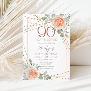Foral 90 Years Loved, 90th Birthday Invitation, 90th Birthday Party Invitation for Women, 90 Birthday Celebration, Canva Template CB026