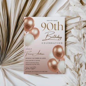 90th Birthday Invitation Template for Women, Elegant Balloons 90th Birthday Party Invitation for Woman, 90 Birthday Celebration Invite CB080