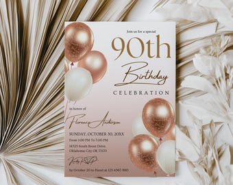 90th Birthday Invitation Template for Women, Elegant Balloons 90th Birthday Party Invitation for Woman, 90 Birthday Celebration Invite CB080