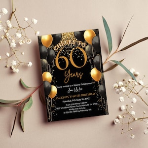60th Birthday Invitation for Men, Black and Gold Balloons Birthday Invite for Man, Cheers to 60 Years, Digital 60th Birthday Invite CB001