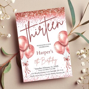 Rose Gold 13th Birthday Invitation Girl, Balloons 13 Birthday Party Celebration, Thirteen Birthday Invite, Editable Canva Template CB004