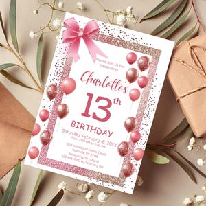 13th Birthday Invitation, Rose Gold Balloons 13th Birthday Party Invitation, Thirteen Birthday Celebration Invite, Glitters Invitation CB009