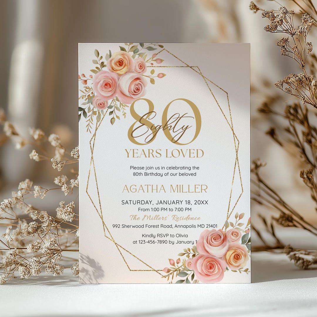 80 Years Loved Invite, Pink and Gold 80th Birthday Invitation for Women ...