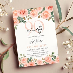 Floral 90 Years Loved, 90th Birthday Invitation for Women, 90th Birthday Party Invitation for Woman, 90 Birthday Celebration Invite CB059