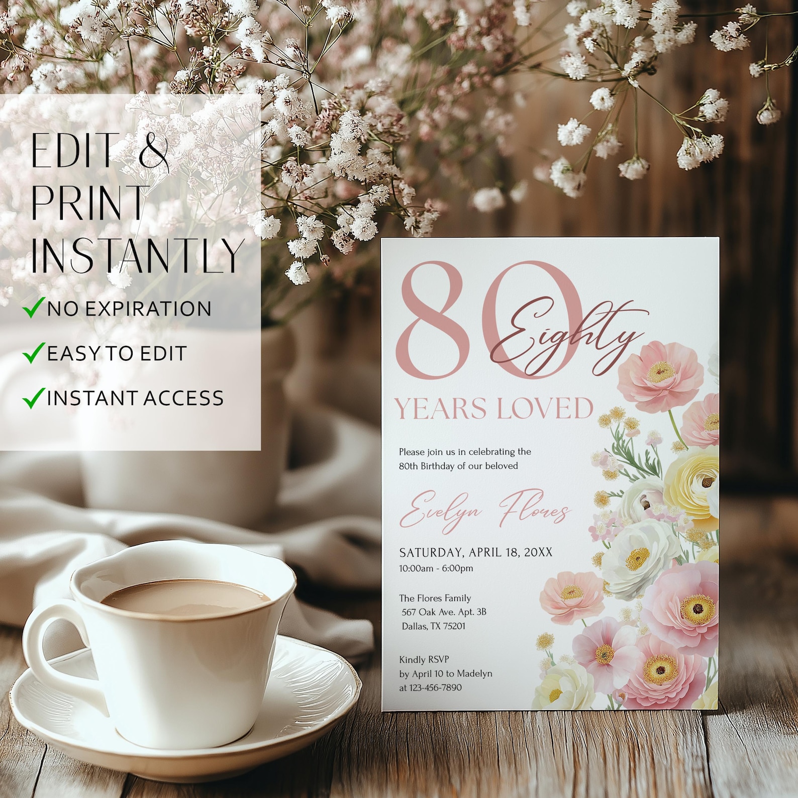 Pink 80 Years Loved, 80th Birthday Invitation for Woman, Editable ...
