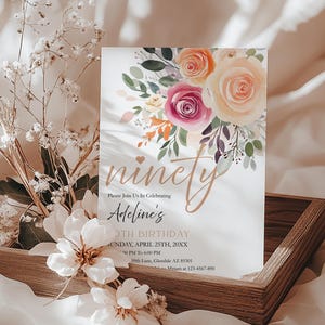 Foral 90th Birthday Invitation for her, 90th Birthday Party Invitation for Women, 90 Birthday Celebration, Editable Canva Template CB025