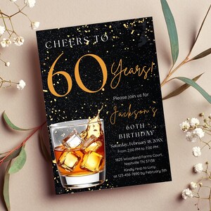 60th Birthday Invitation for Men, Black and Gold Birthday Invite for Man, Cheers to 60 Years, Digital 60th Birthday Invite, Canva CB002